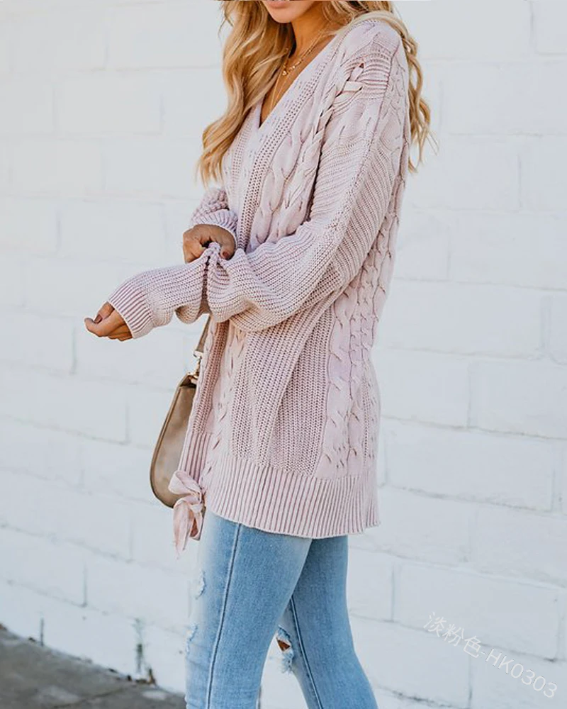 Plus Size Womens Cable Knitted Pullover Sweaters V Neck Lace Up Long Sleeve Fall Jumper Knit Tops Clothes