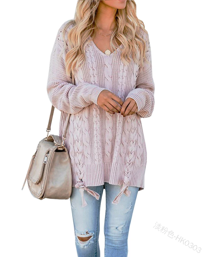 Plus Size Womens Cable Knitted Pullover Sweaters V Neck Lace Up Long Sleeve Fall Jumper Knit Tops Clothes