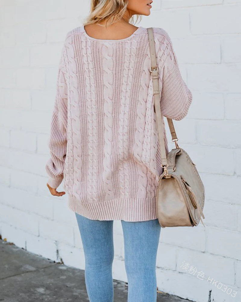Plus Size Womens Cable Knitted Pullover Sweaters V Neck Lace Up Long Sleeve Fall Jumper Knit Tops Clothes