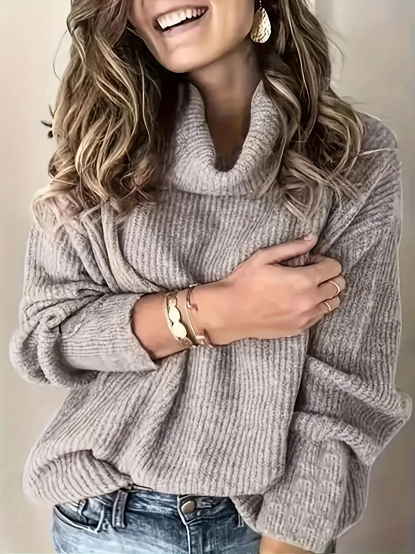 Women's Plus Size Long Sleeved High Neck Knitted Sweater Simple Solid Color Fashionable and Casual Knitted Sweater