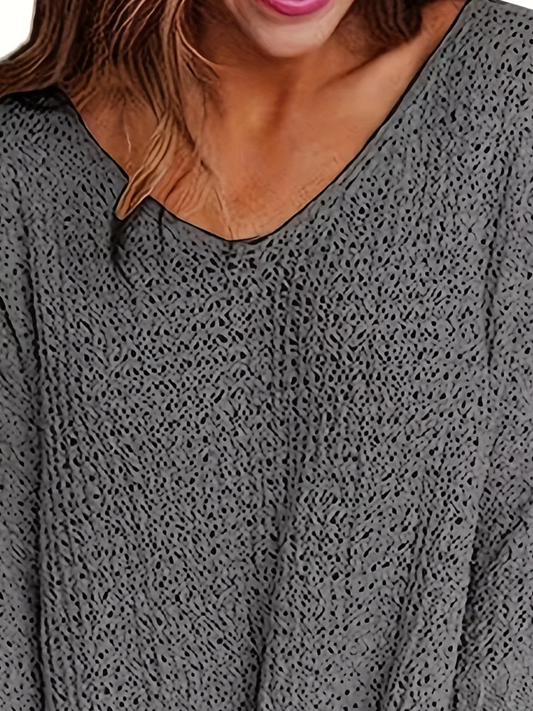Plus Size Casual Sweater Women's Plus Solid Long Sleeve V Neck Split Pullover Jumper Top