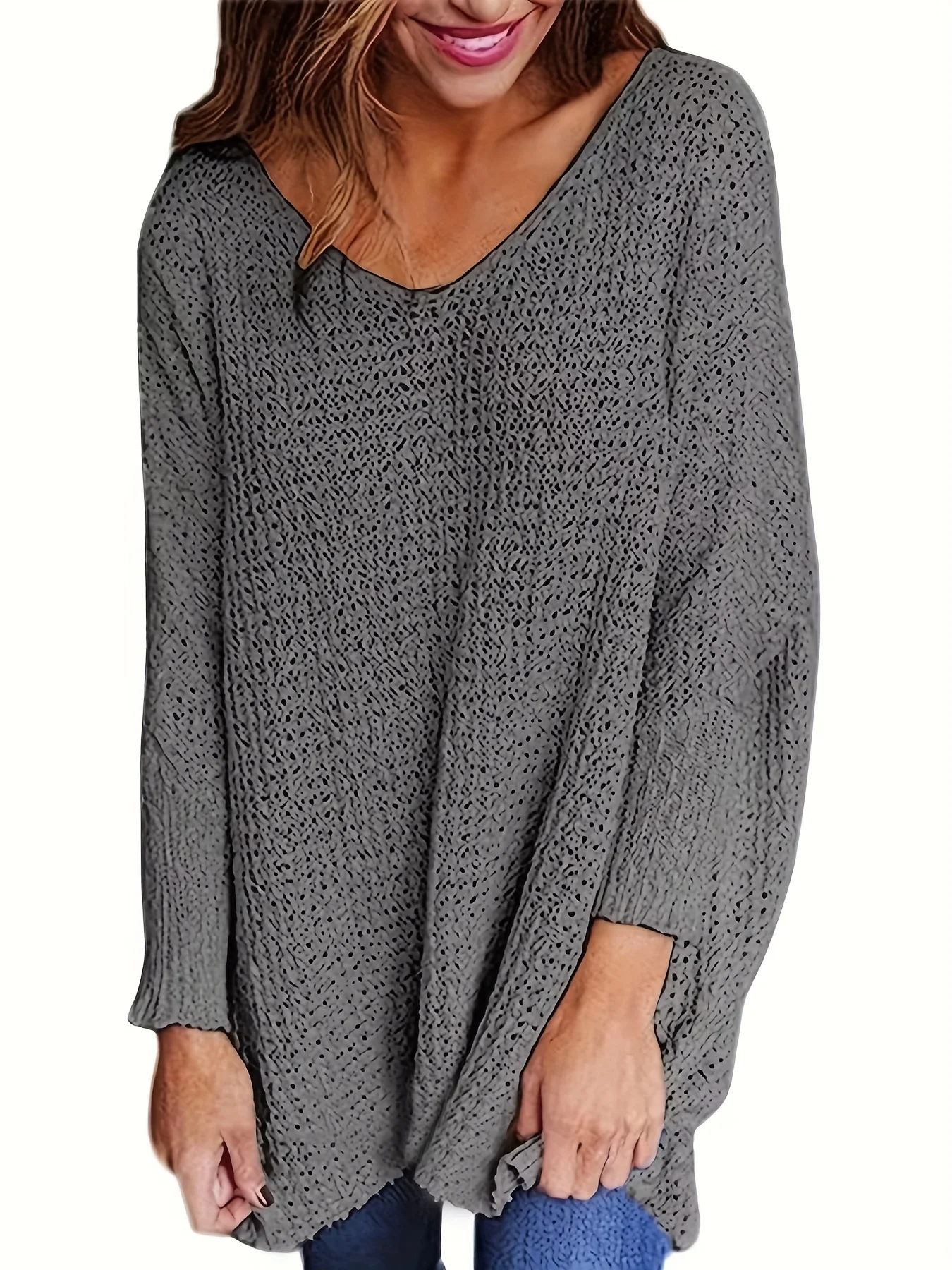 Plus Size Casual Sweater Women's Plus Solid Long Sleeve V Neck Split Pullover Jumper Top