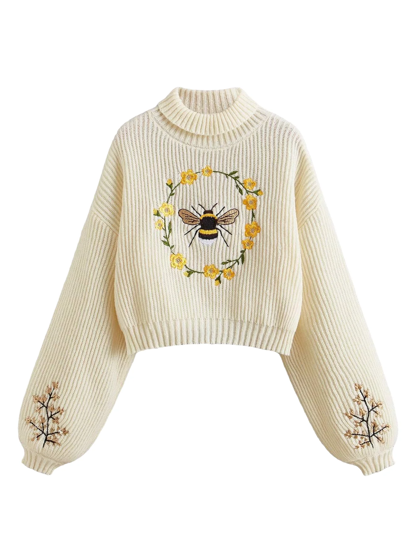 New Autumn and Winter Plus Size Pullover Women's Sweater High-Neck Bee Embroidery Fashionable Casual Loose Knitted Short Women'