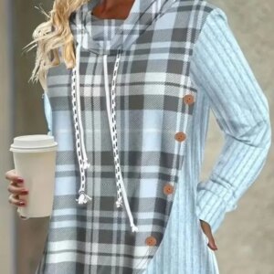 Plus Size 1XL-5XL Women Casual Hoodie Sweatshirt Pullover Long Sleeve Drawstring HoodieWomen's Colorblock Plaid Print