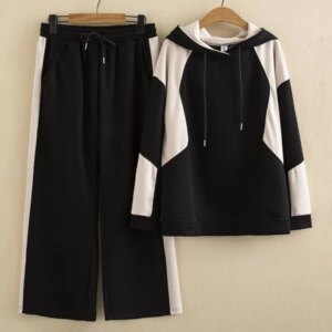 Autumn Clothes Women's Sets Plus Size Irregular Block Color Hooded Loose Hoodies And Casual Wide Leg Pants Two Pieces Curve 5650
