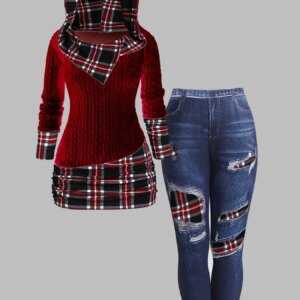 Plus Size Womens Suit Long Sleeve Slim Fit Striped Splicing Hoodie Slim Denim Pants Set Women's Matching Set Fall Winter