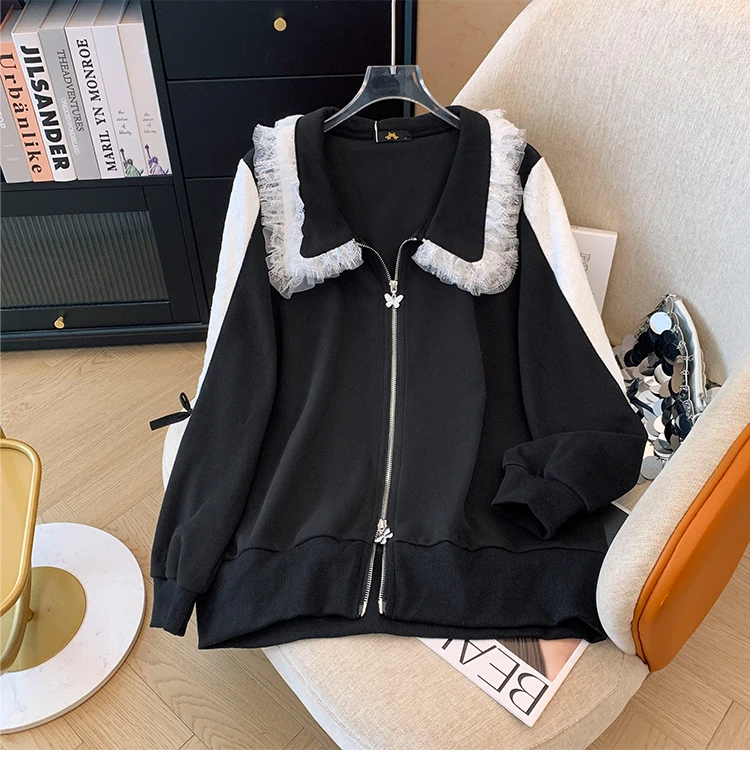 Autumn and winter plus size women's casual two-piece black lace lace lapel hoodie loose comfortable black straight leg pants