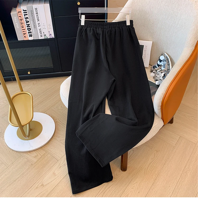 Autumn and winter plus size women's casual two-piece black lace lace lapel hoodie loose comfortable black straight leg pants