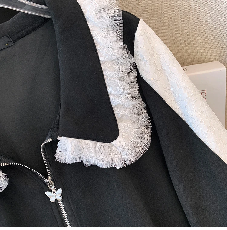 Autumn and winter plus size women's casual two-piece black lace lace lapel hoodie loose comfortable black straight leg pants
