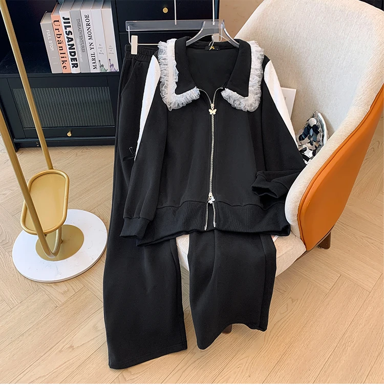 Autumn and winter plus size women's casual two-piece black lace lace lapel hoodie loose comfortable black straight leg pants