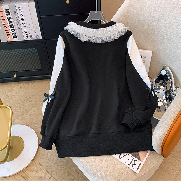 Autumn and winter plus size women's casual two-piece black lace lace lapel hoodie loose comfortable black straight leg pants