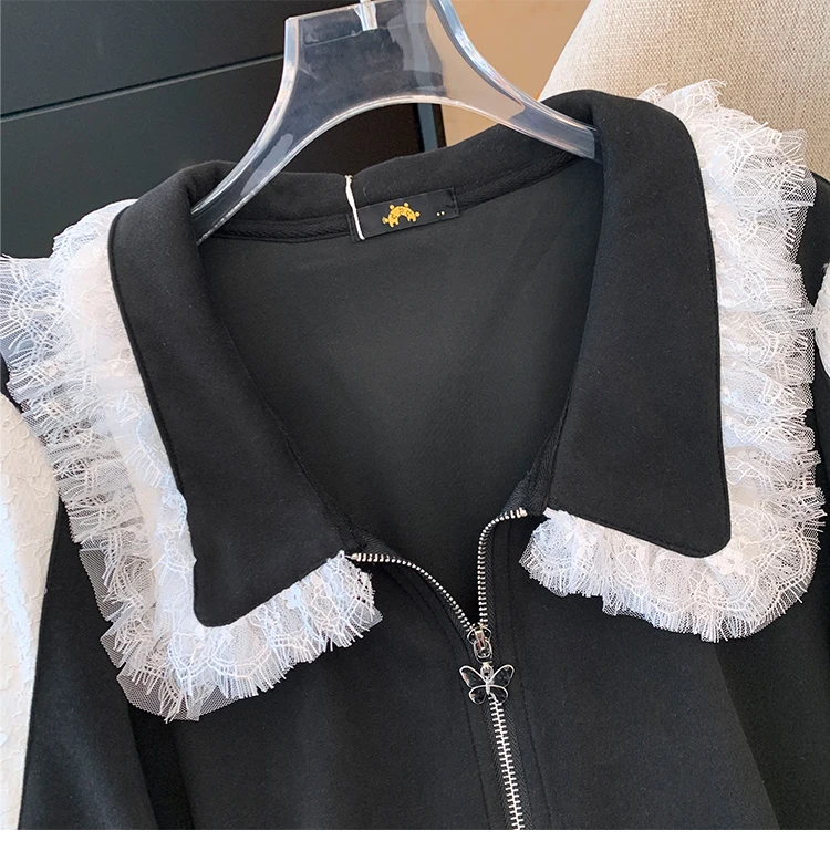 Autumn and winter plus size women's casual two-piece black lace lace lapel hoodie loose comfortable black straight leg pants