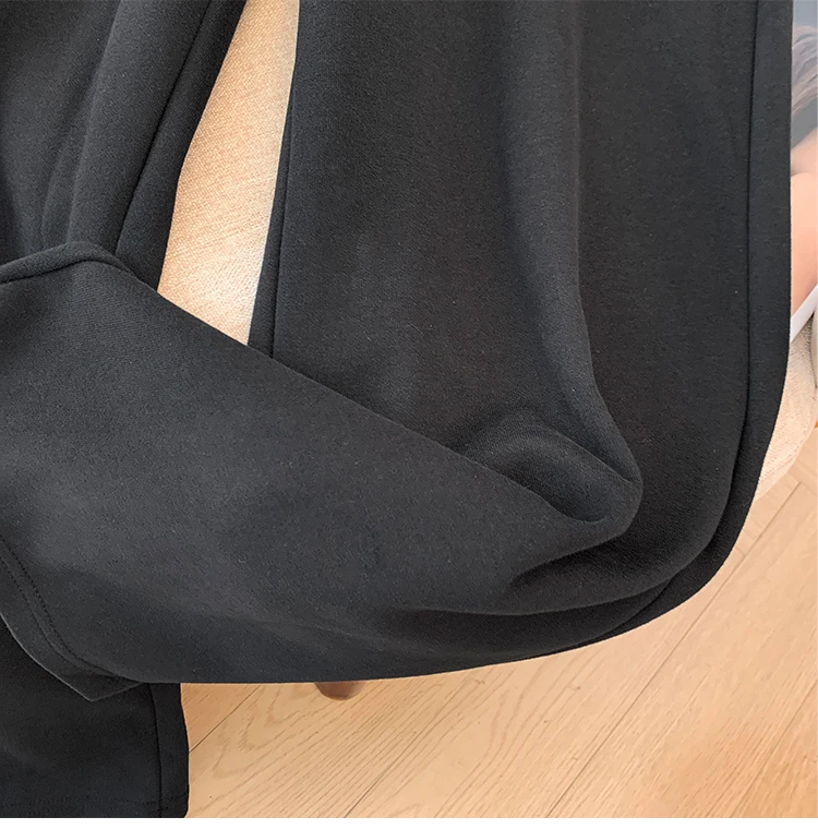 Autumn and winter plus size women's casual two-piece black lace lace lapel hoodie loose comfortable black straight leg pants