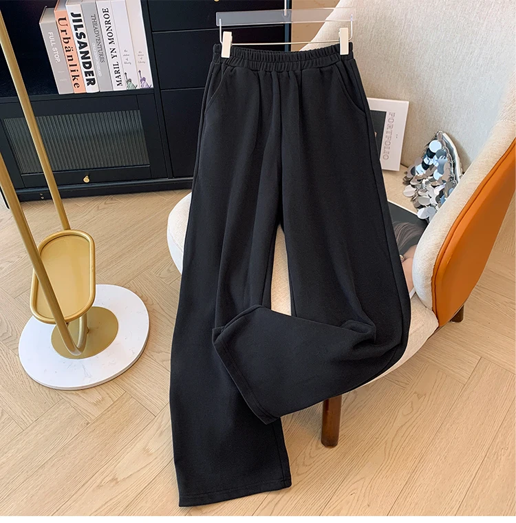 Autumn and winter plus size women's casual two-piece black lace lace lapel hoodie loose comfortable black straight leg pants