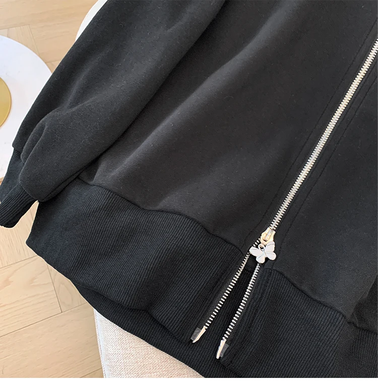 Autumn and winter plus size women's casual two-piece black lace lace lapel hoodie loose comfortable black straight leg pants