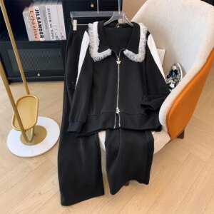 Autumn and winter plus size women's casual two-piece black lace lace lapel hoodie loose comfortable black straight leg pants