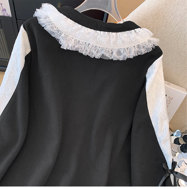 Autumn and winter plus size women's casual two-piece black lace lace lapel hoodie loose comfortable black straight leg pants