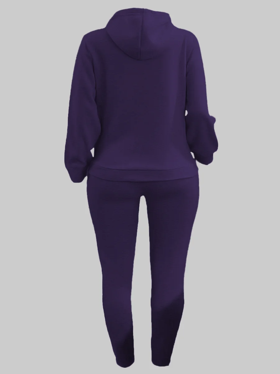 LW Plus Size Fleece Plain Two Pieces Pants Suits Autumn Winter Thicked Hooded Collar Kangaroo Pocket Drawsting Tracksuit Set
