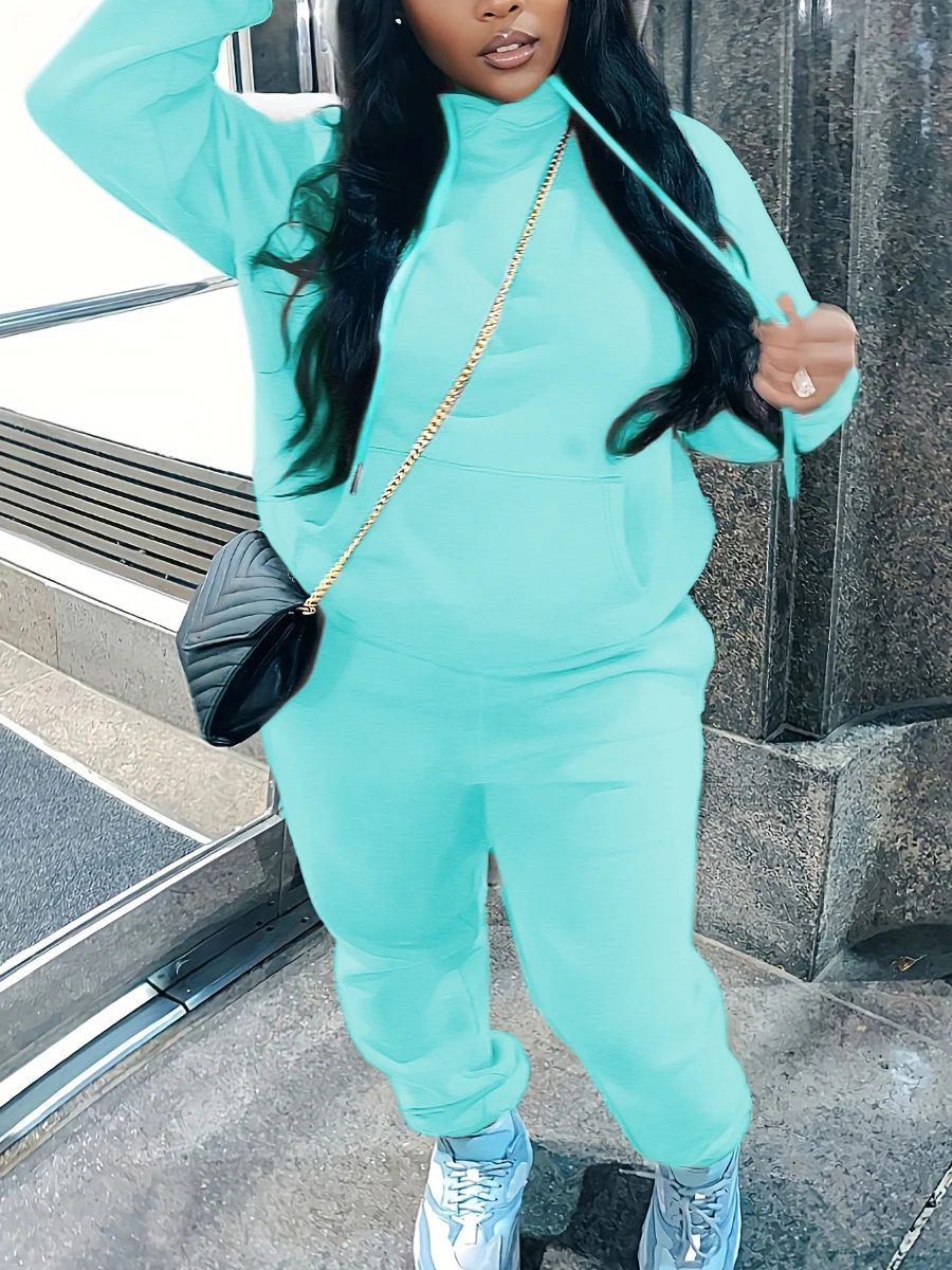 LW Plus Size Fleece Plain Two Pieces Pants Suits Autumn Winter Thicked Hooded Collar Kangaroo Pocket Drawsting Tracksuit Set