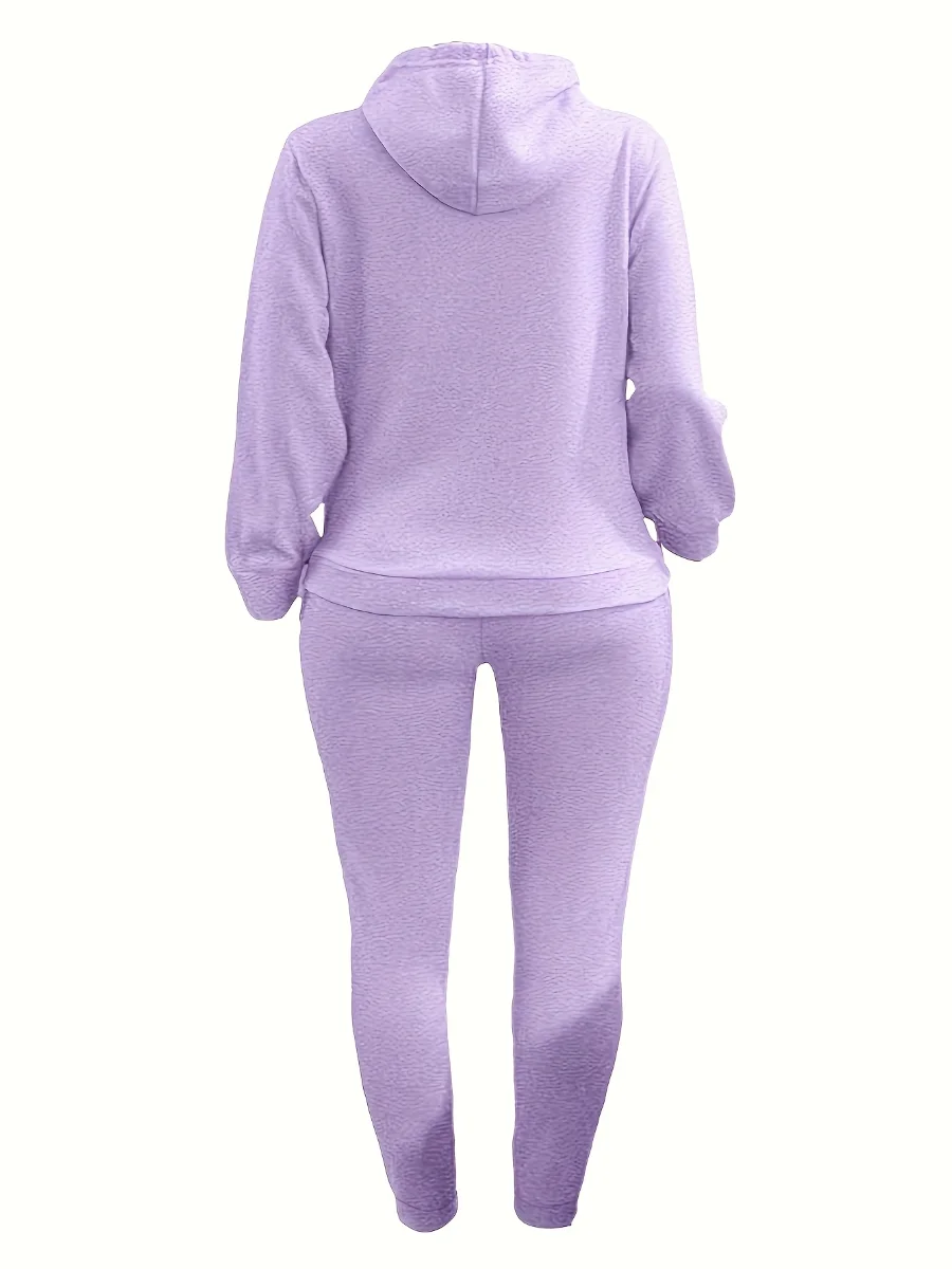 LW Plus Size Fleece Plain Two Pieces Pants Suits Autumn Winter Thicked Hooded Collar Kangaroo Pocket Drawsting Tracksuit Set