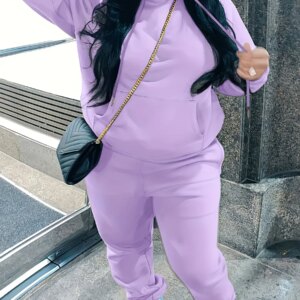 LW Plus Size Fleece Plain Two Pieces Pants Suits Autumn Winter Thicked Hooded Collar Kangaroo Pocket Drawsting Tracksuit Set