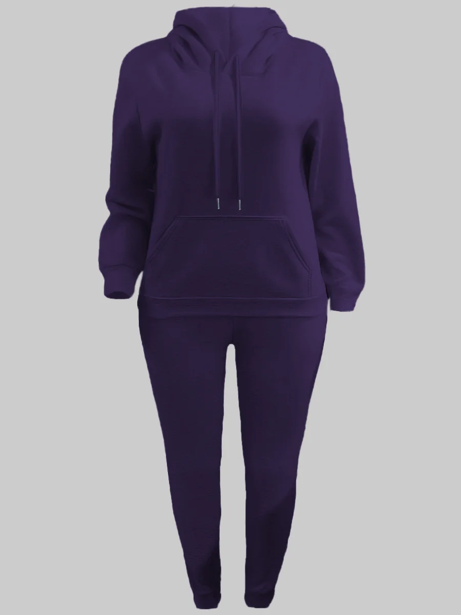 LW Plus Size Fleece Plain Two Pieces Pants Suits Autumn Winter Thicked Hooded Collar Kangaroo Pocket Drawsting Tracksuit Set