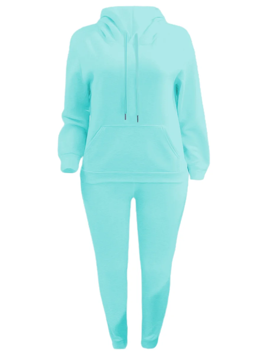 LW Plus Size Fleece Plain Two Pieces Pants Suits Autumn Winter Thicked Hooded Collar Kangaroo Pocket Drawsting Tracksuit Set