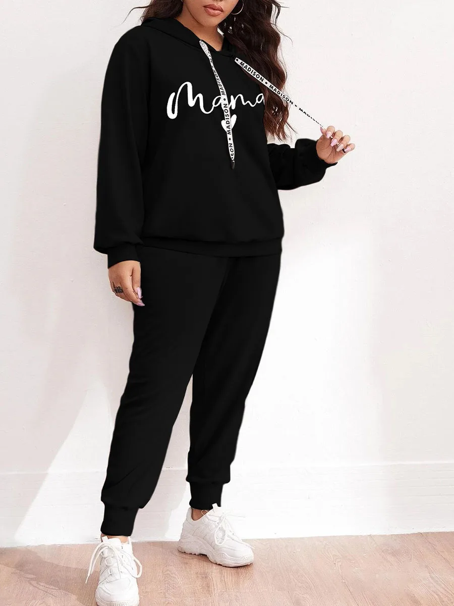 Autumn and Winter Plus Size Fashion Two-piece Set Drawstring Hooded Long-sleeved Sweatshirt + Elastic Waistband Trousers