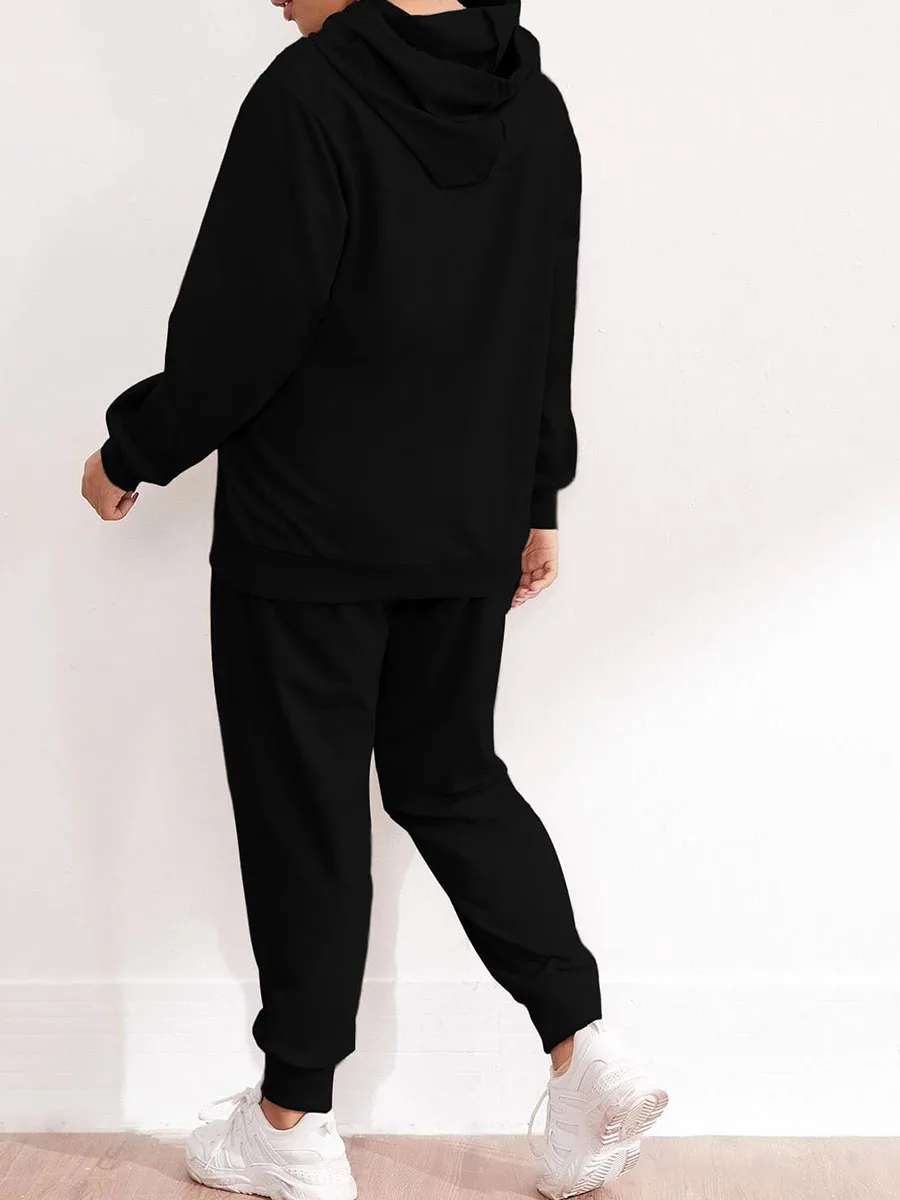 Autumn and Winter Plus Size Fashion Two-piece Set Drawstring Hooded Long-sleeved Sweatshirt + Elastic Waistband Trousers