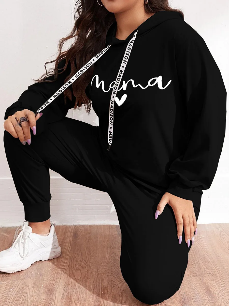 Autumn and Winter Plus Size Fashion Two-piece Set Drawstring Hooded Long-sleeved Sweatshirt + Elastic Waistband Trousers