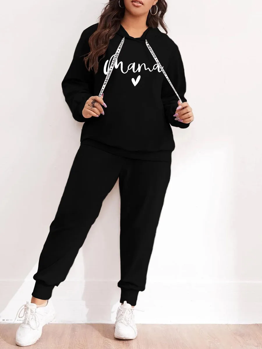 Autumn and Winter Plus Size Fashion Two-piece Set Drawstring Hooded Long-sleeved Sweatshirt + Elastic Waistband Trousers
