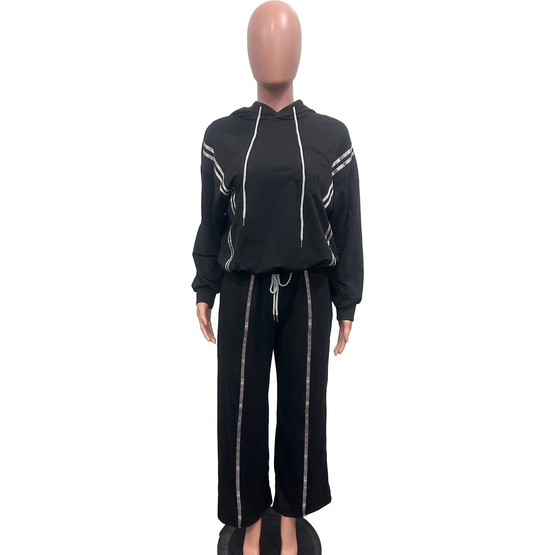 L-3XL 2024 Fall Winter African Plus Size Women Clothing Two Piece Sets Fashion Stripe Hoodie Loose Casual Long Sleeve Pant Suits