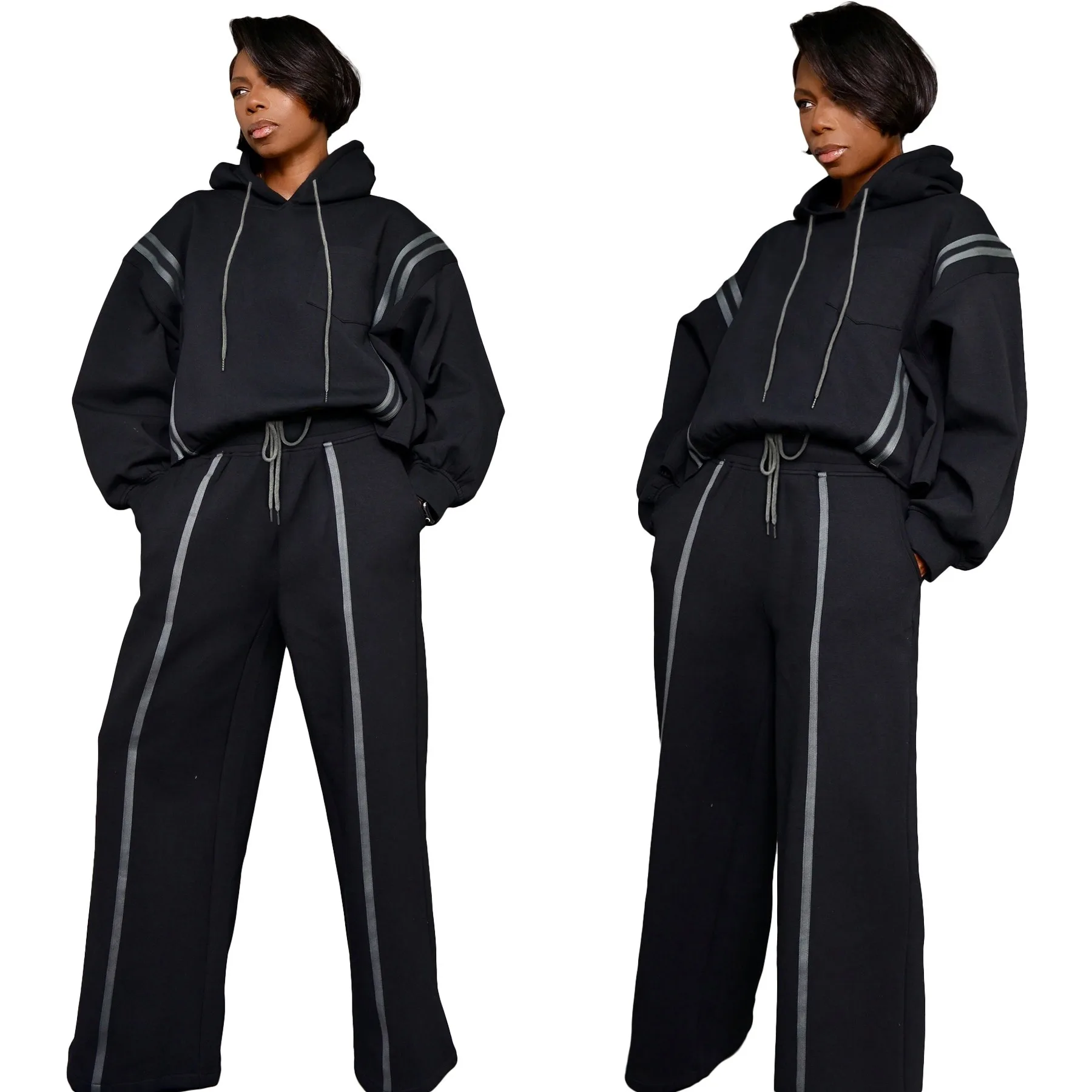 L-3XL 2024 Fall Winter African Plus Size Women Clothing Two Piece Sets Fashion Stripe Hoodie Loose Casual Long Sleeve Pant Suits