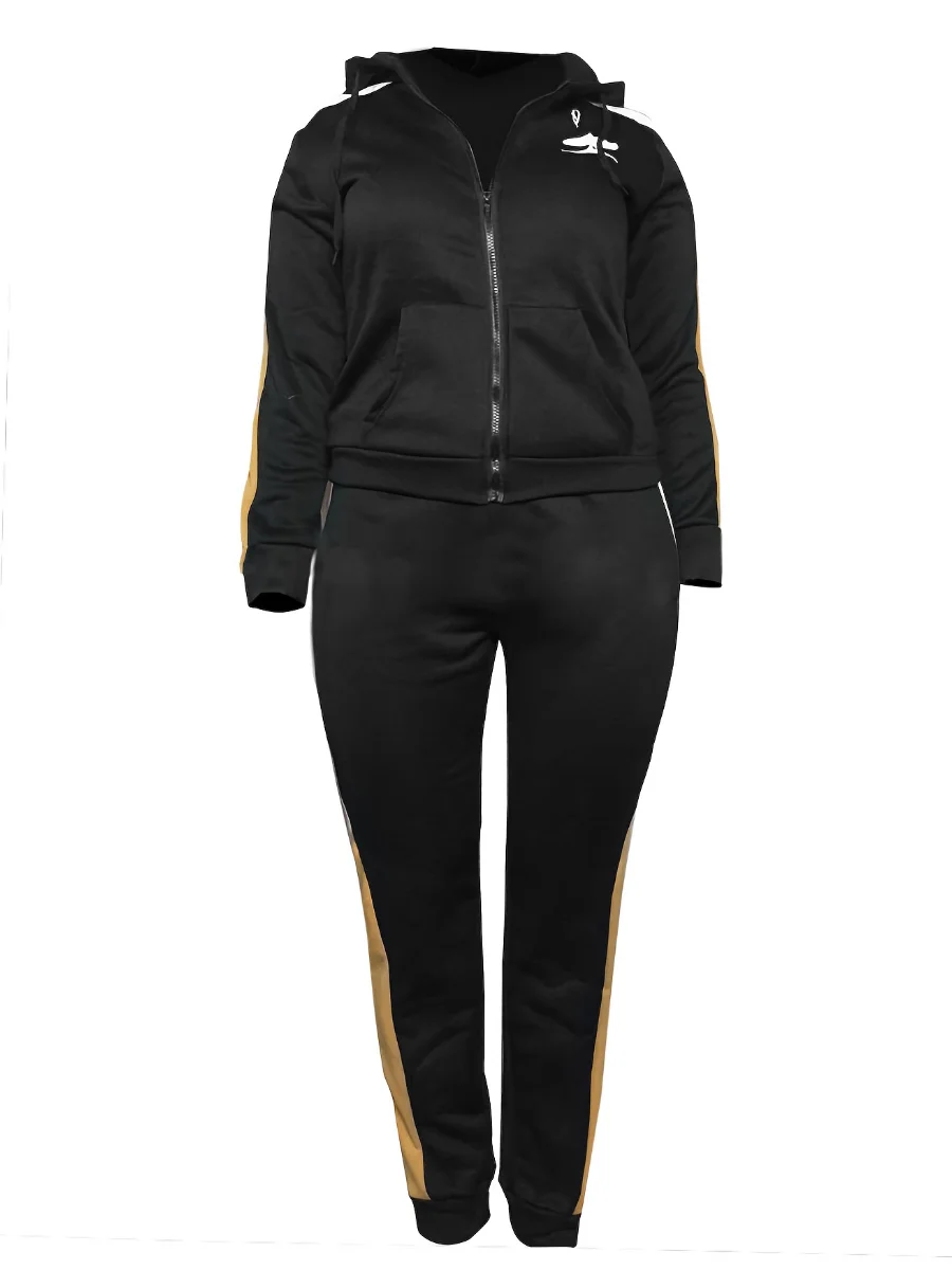 LW Plus Size Two pieces set Hooded Collar Striped Tracksuit Set Women's Tracksuit Hoodies 2pcs Set Autumn winter warm Sportswear
